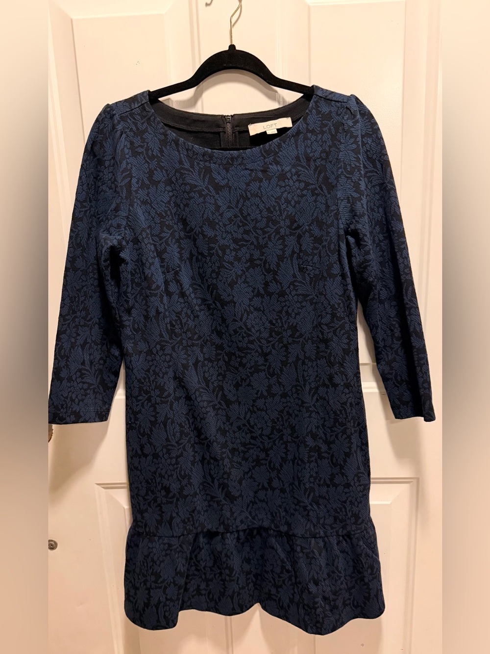 LOFT Navy Floral Jacquard Long Sleeve Dress